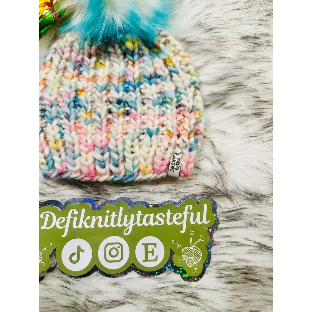 Hand Knit Merino Wool Beanie: DefiKnitly Tasteful Knit Hat with Faux Fur Pom